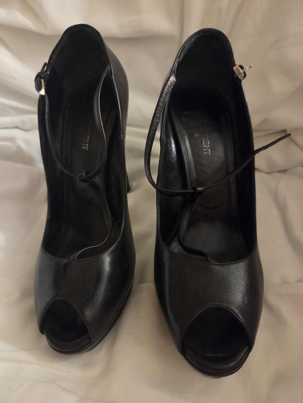 Saint Laurent Black Leather Peep-Toe Mary Jane Heels - Picture 3 of 3